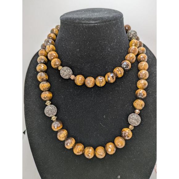 Huge Tigers Eye Faceted Bead Necklace With Silver Tone Stations Toggle Clasp 40" - Picture 1 of 6